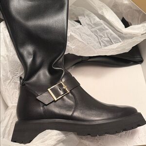Michael Kors Black Heeled Boots with Gold Accent
